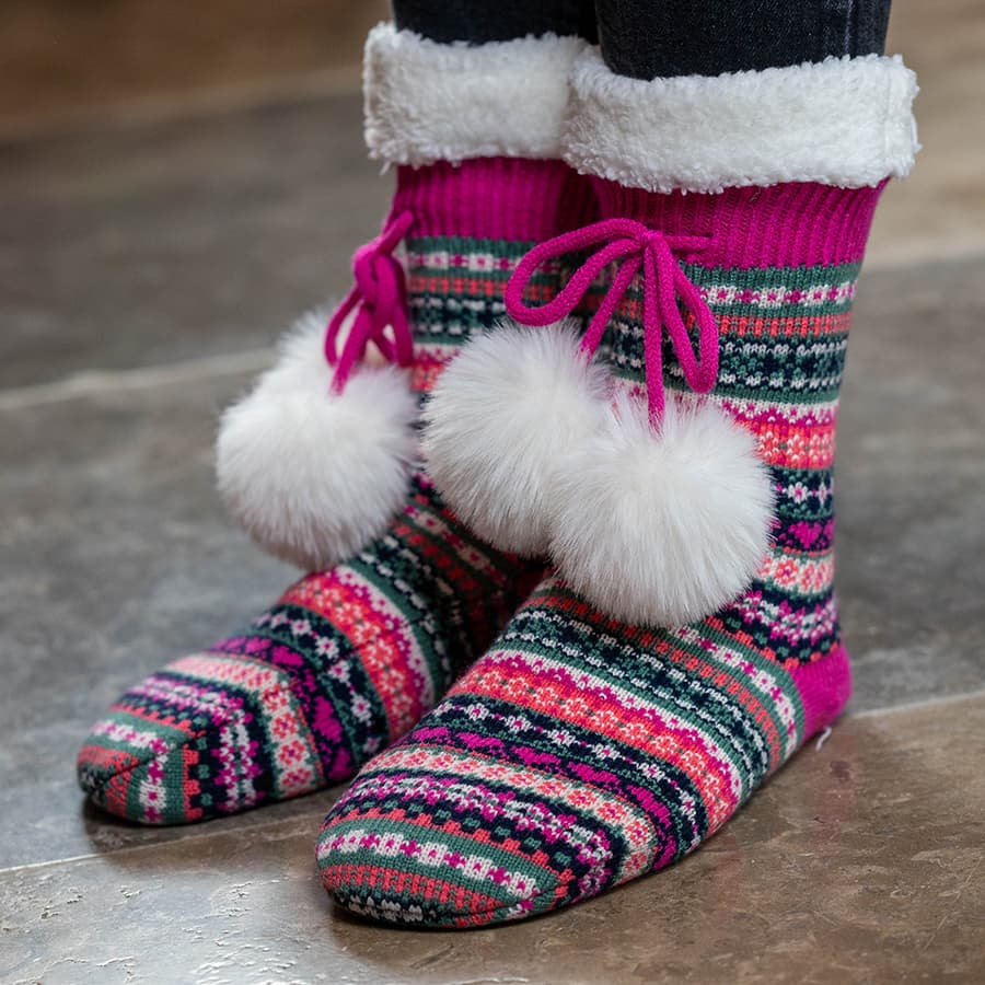Fair Isle Sherpa Slipper Socks By POM Gift Be You Lifestyle Boutique One Size / Pink