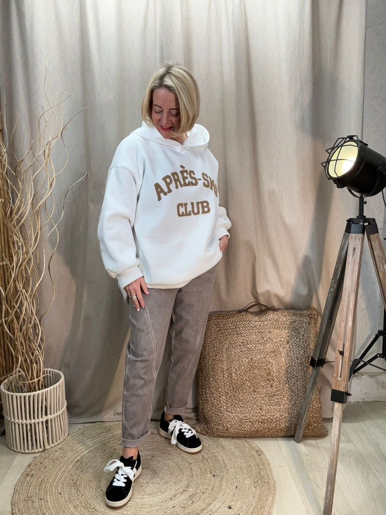 fawn acid wash relaxed magic trousers with a white apres ski hoodie