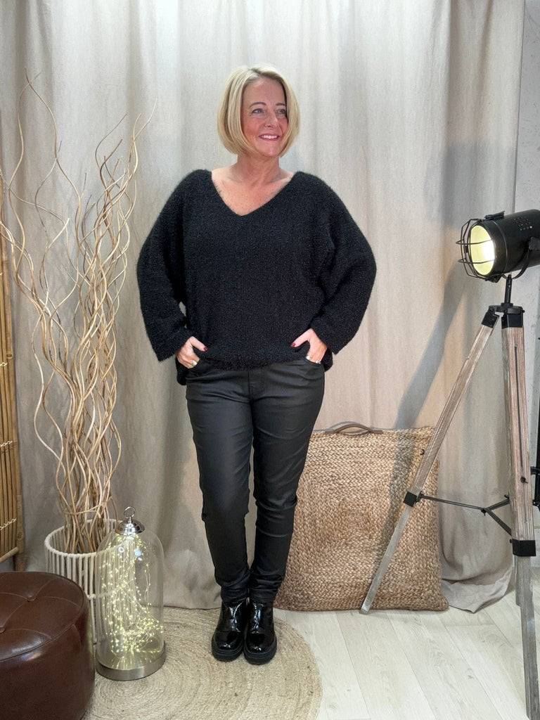 Fluffy Shimmer Knit V Neck Jumper Be You Lifestyle Boutique Onesize / Black