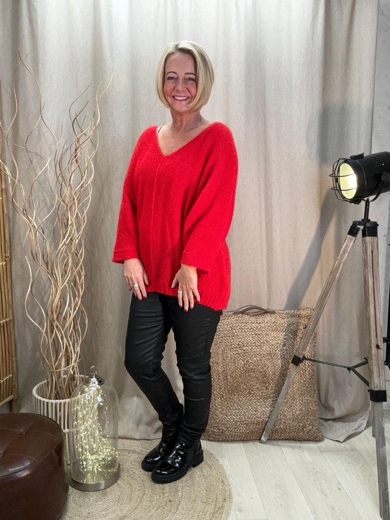 Fluffy Shimmer Knit V Neck Jumper Be You Lifestyle Boutique Onesize / Red