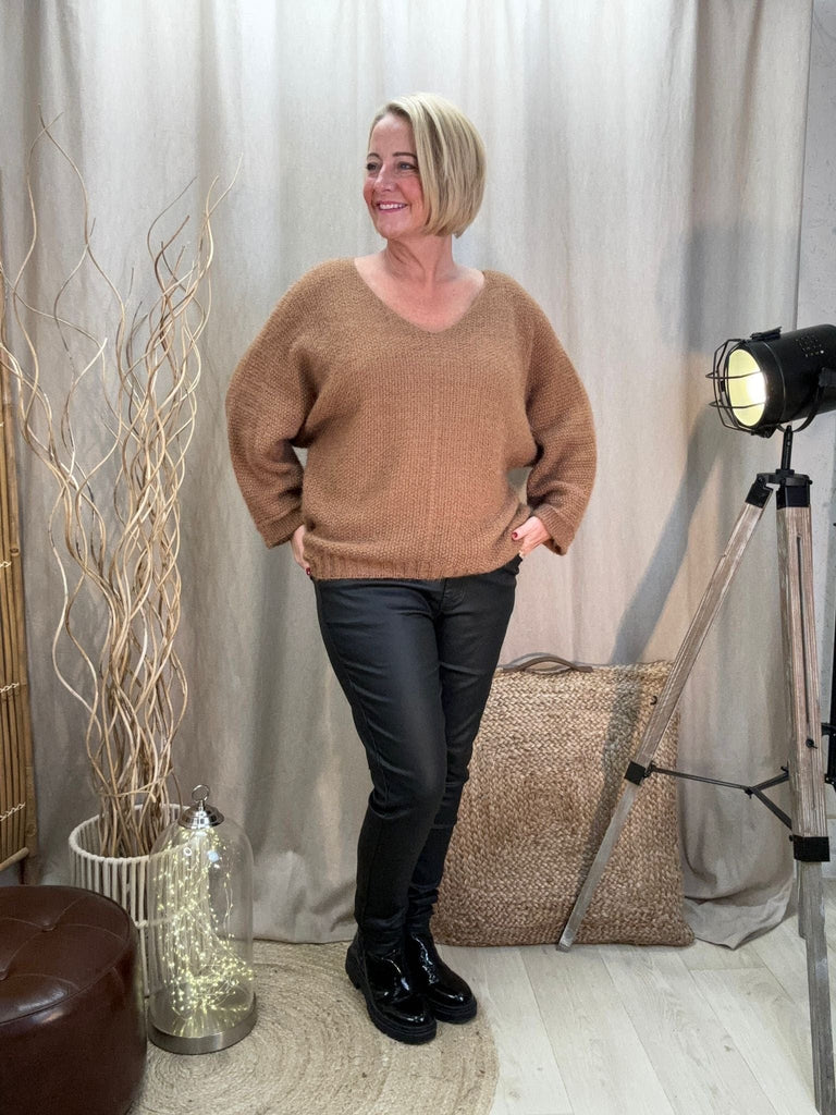 Fluffy Shimmer Knit V Neck Jumper Be You Lifestyle Boutique Onesize / Camel