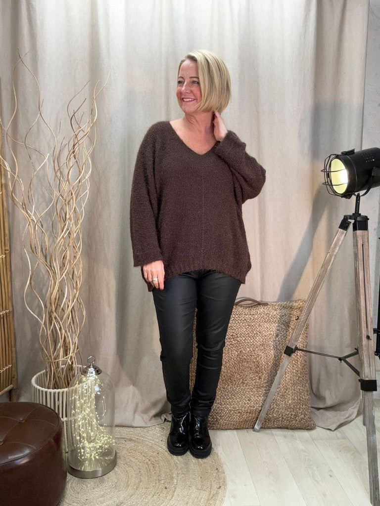 Fluffy Shimmer Knit V Neck Jumper Be You Lifestyle Boutique Onesize / Chocolate