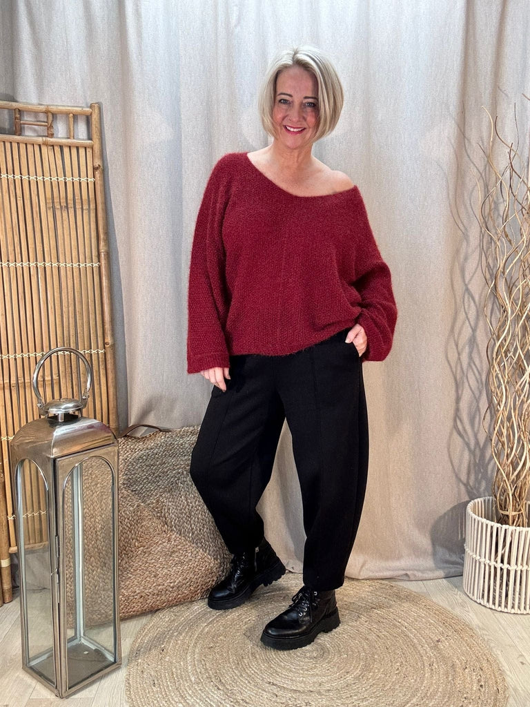 Fluffy Shimmer Knit V Neck Jumper Be You Lifestyle Boutique Onesize / Burgundy