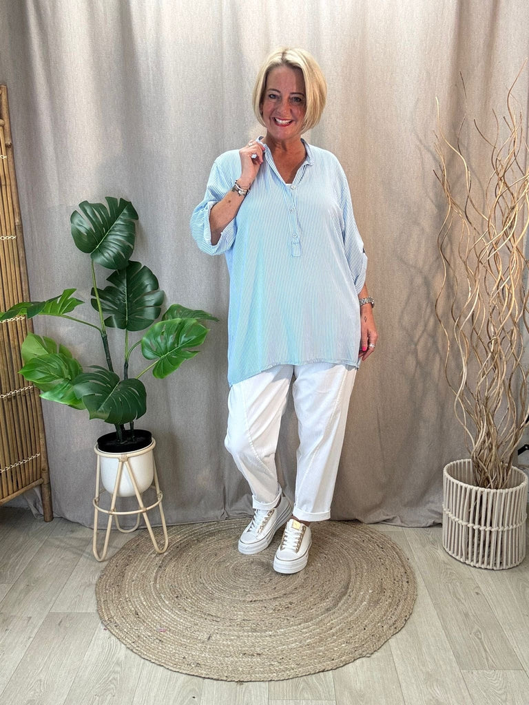 Gessato Pinstripe Lightweight Grandad Collar Shirt Be You Lifestyle Boutique One Size / Light Blue