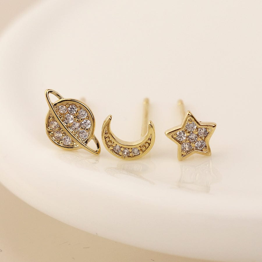 Gold Plated Celestial 3 Pairs Stud Set Earrings By POM Gift 04645 POM