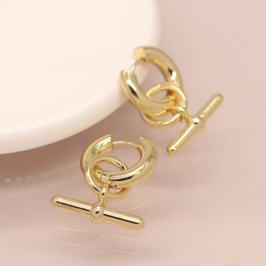 Gold Plated T Bar On Hoop Earrings By POM 04499 POM