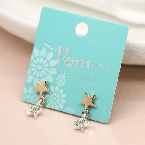 Gold & Silver Plated Double Star Earrings By POM Gift 03652 POM