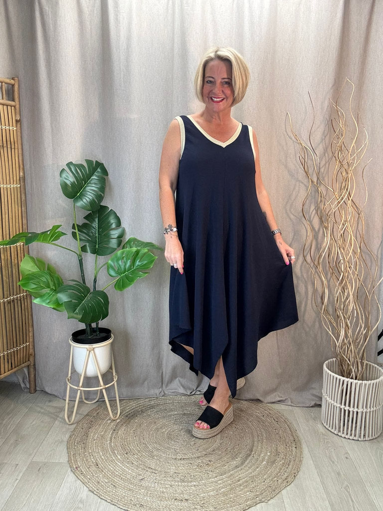 Gold Trim V Neck Hanky Hem Dress Be You Lifestyle Boutique
