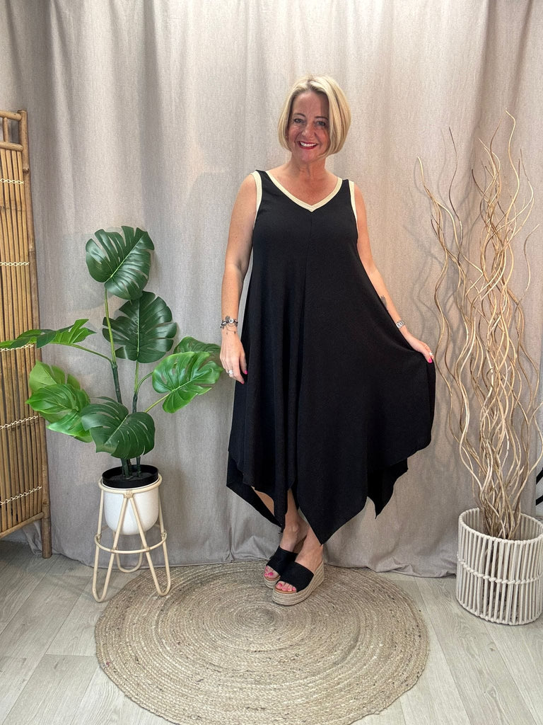 Gold Trim V Neck Hanky Hem Dress Be You Lifestyle Boutique One Size / Black