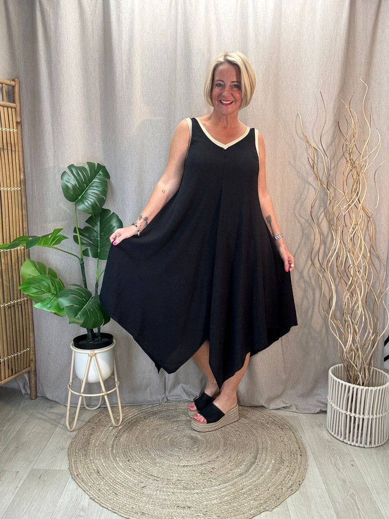 Gold Trim V Neck Hanky Hem Dress Be You Lifestyle Boutique