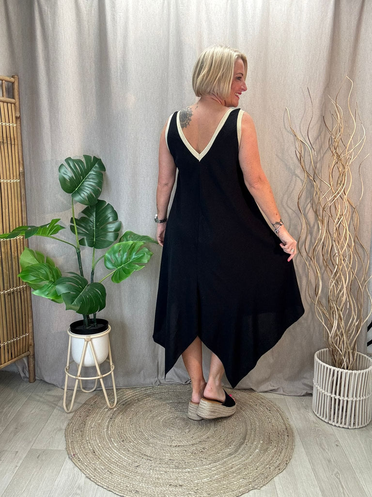 Gold Trim V Neck Hanky Hem Dress Be You Lifestyle Boutique