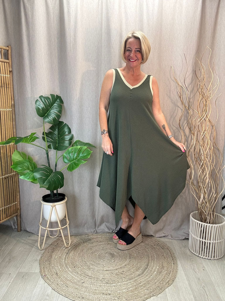Gold Trim V Neck Hanky Hem Dress Be You Lifestyle Boutique One Size / Khaki