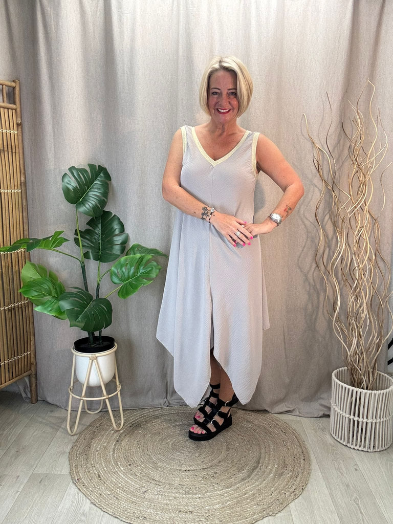Gold Trim V Neck Hanky Hem Dress Be You Lifestyle Boutique