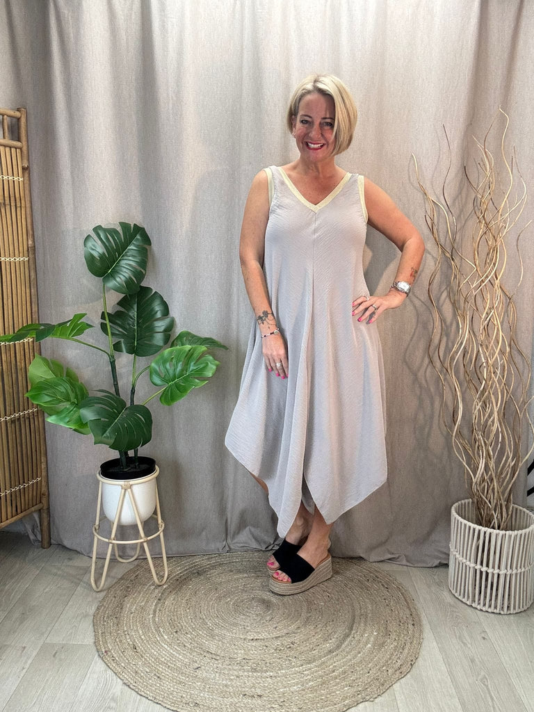 Gold Trim V Neck Hanky Hem Dress Be You Lifestyle Boutique One Size / Stone