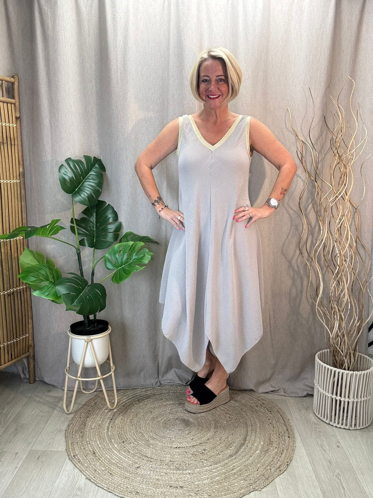 Gold Trim V Neck Hanky Hem Dress Be You Lifestyle Boutique