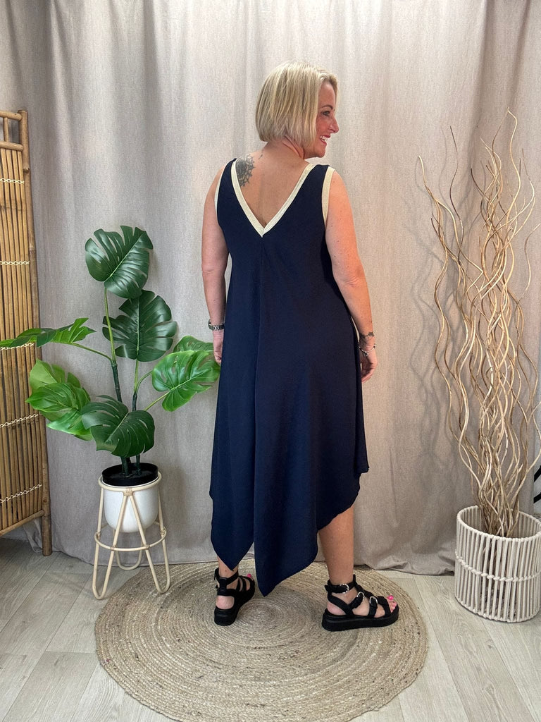 Gold Trim V Neck Hanky Hem Dress Be You Lifestyle Boutique