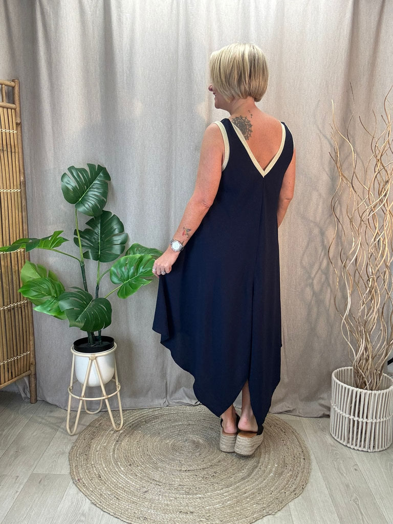 Gold Trim V Neck Hanky Hem Dress Be You Lifestyle Boutique