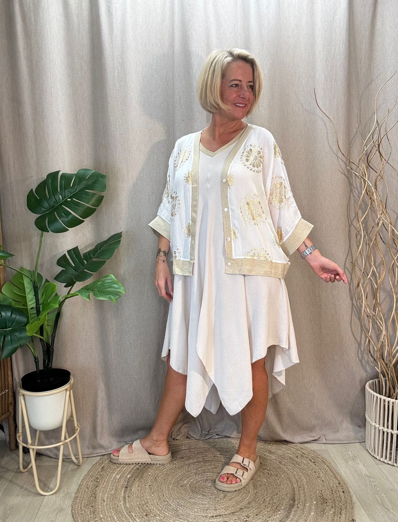 Gold Trim V Neck Hanky Hem Dress Be You Lifestyle Boutique