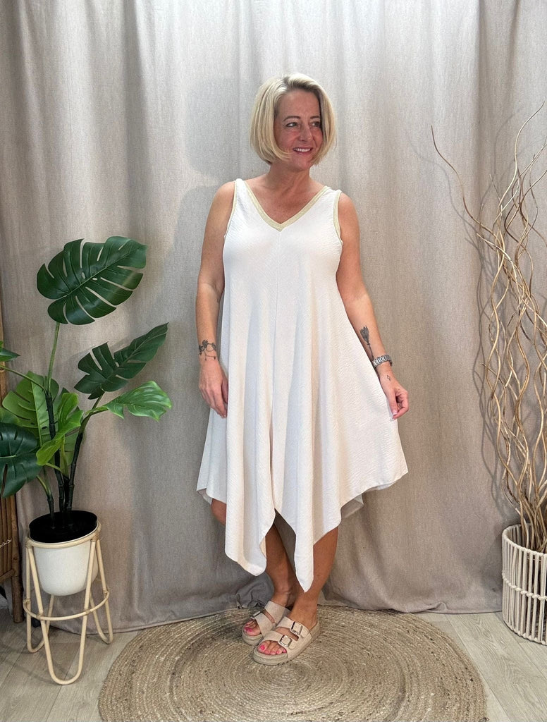 Gold Trim V Neck Hanky Hem Dress Be You Lifestyle Boutique One Size / Beige