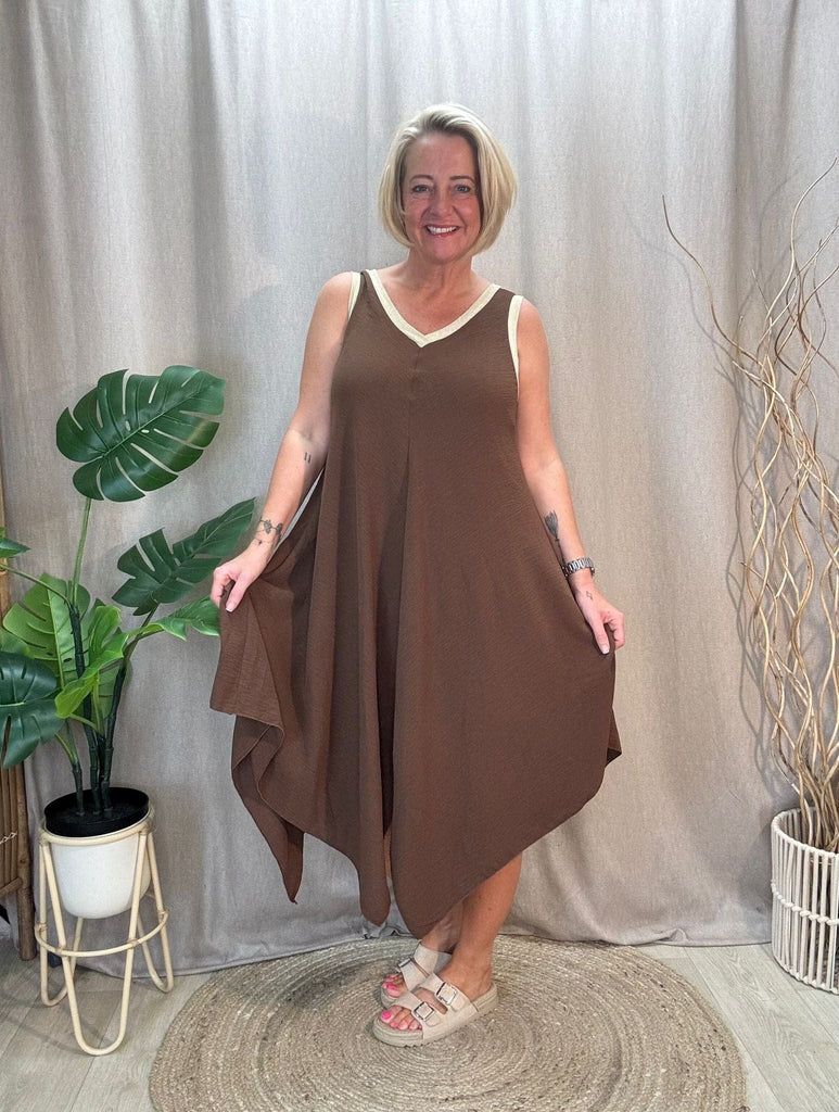 Gold Trim V Neck Hanky Hem Dress Be You Lifestyle Boutique
