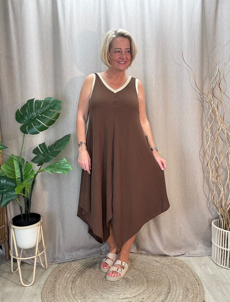 Gold Trim V Neck Hanky Hem Dress Be You Lifestyle Boutique One Size / Brown