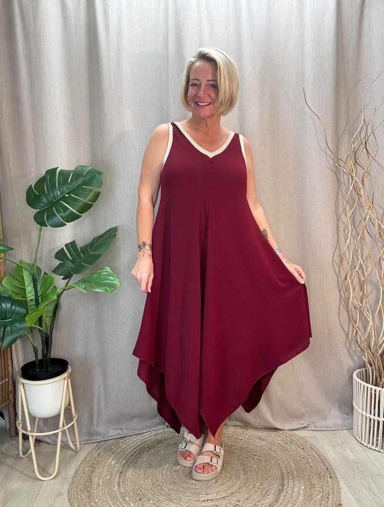 Gold Trim V Neck Hanky Hem Dress Be You Lifestyle Boutique One Size / Berry
