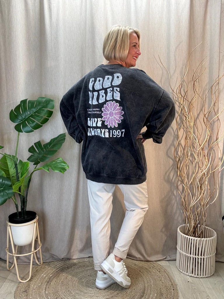 Good Vibes Acid Wash Sweat Jumper Be You Lifestyle Boutique One size