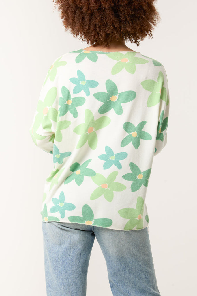 green daisy print v neck jumper