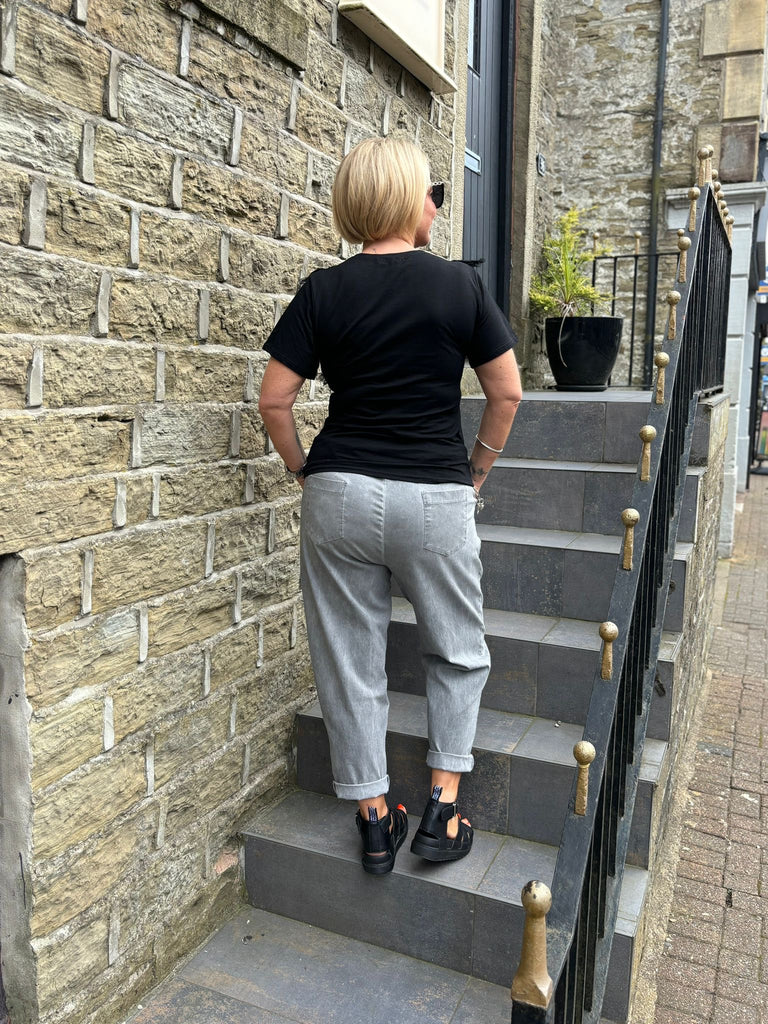 grey acid wash relaxed magic trousers rear view