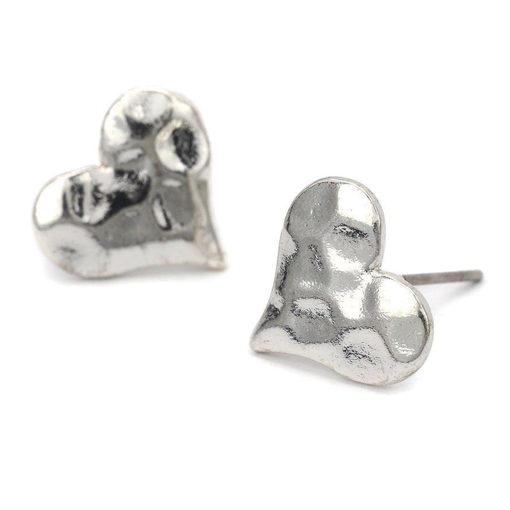 Women’s Silver Hammered Heart Stud Earrings By POM Gift