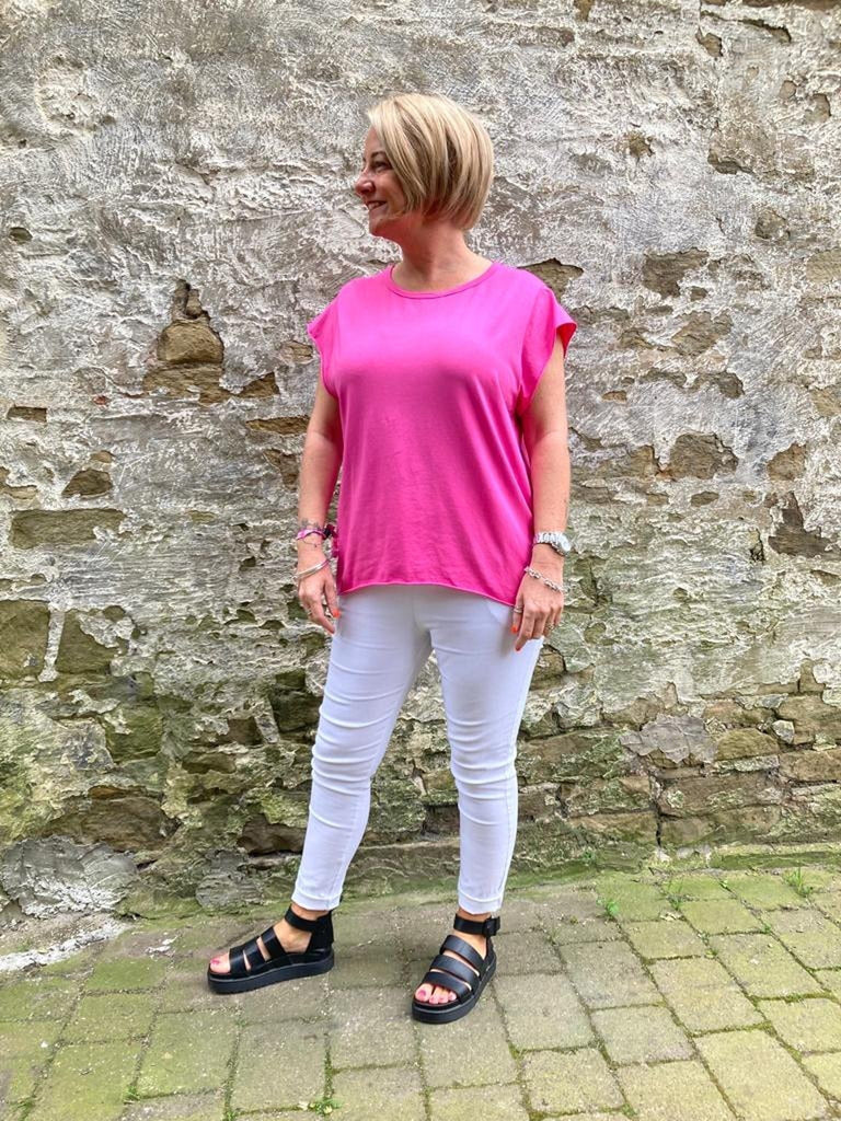 Hot Pink Basic Raw Hem Short Sleeve Tee Be You Lifestyle Boutique One Size