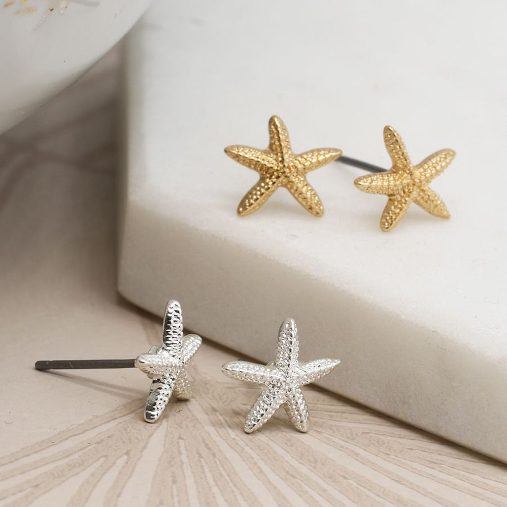 Silver Plated & Golden Starfish Stud Earrings Duo By POM