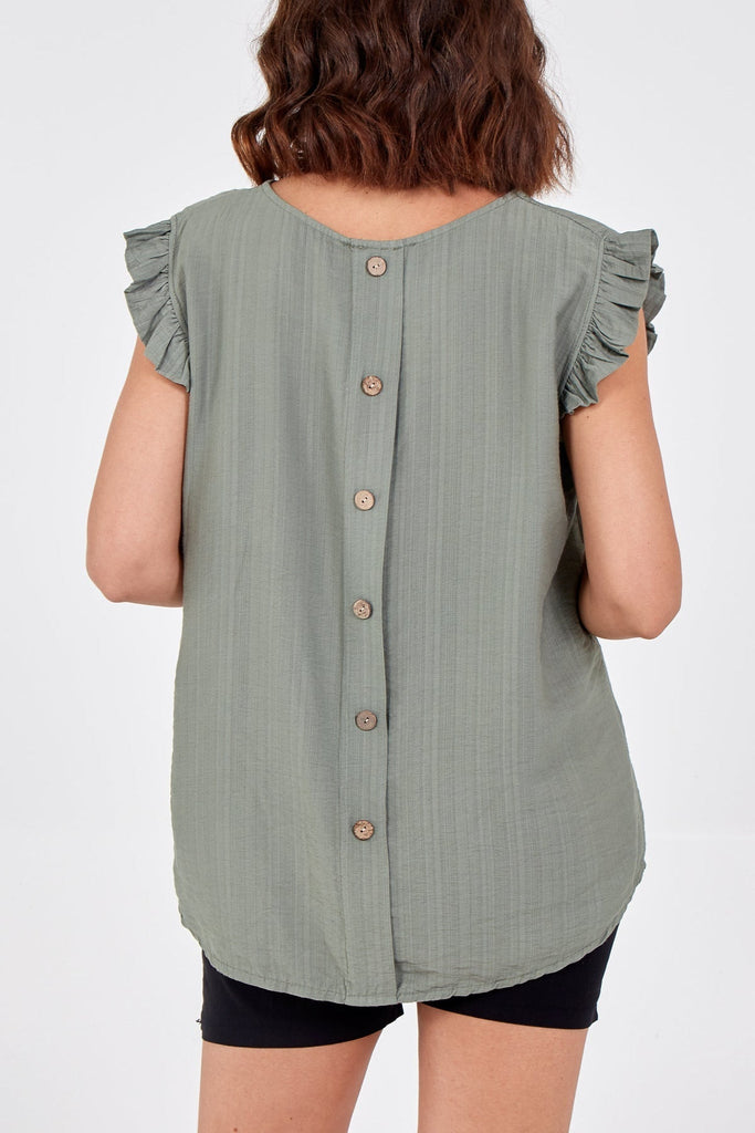 Women’s Frilled Cap Sleeved Button Back Top Spring Summer