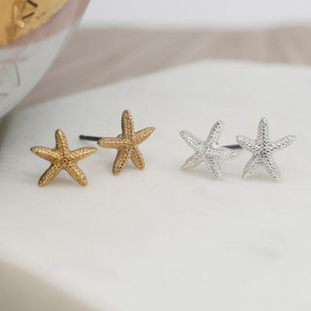 Silver Plated & Golden Starfish Stud Earrings Duo By POM