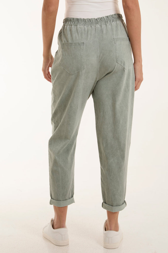 khaki acid wash relaxed magic trousers rear view