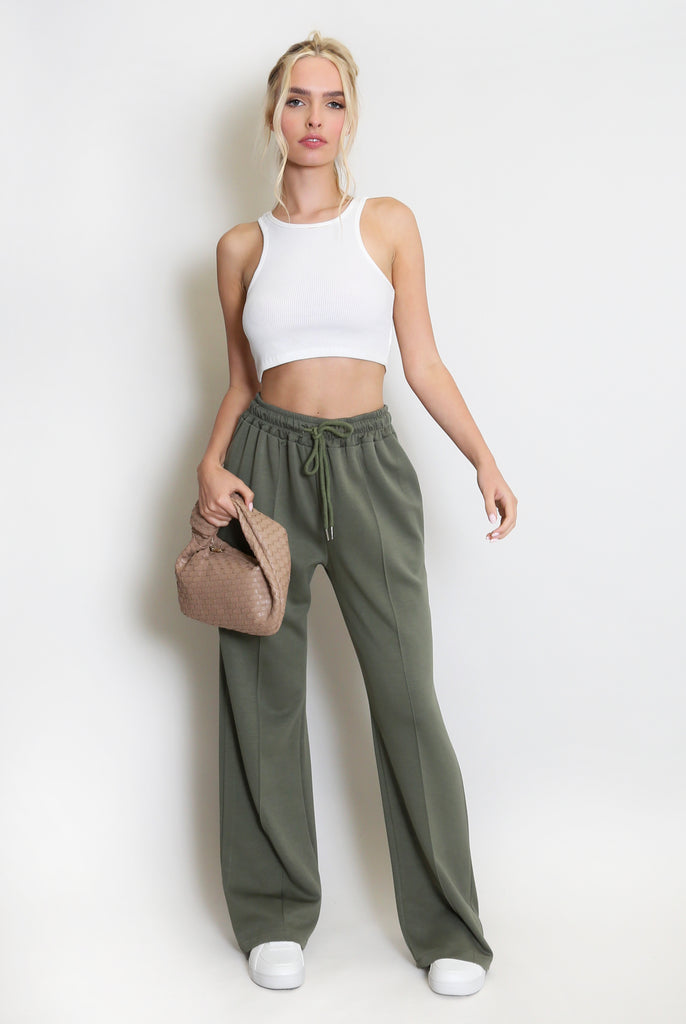 khaki luxe wide leg seam front joggers