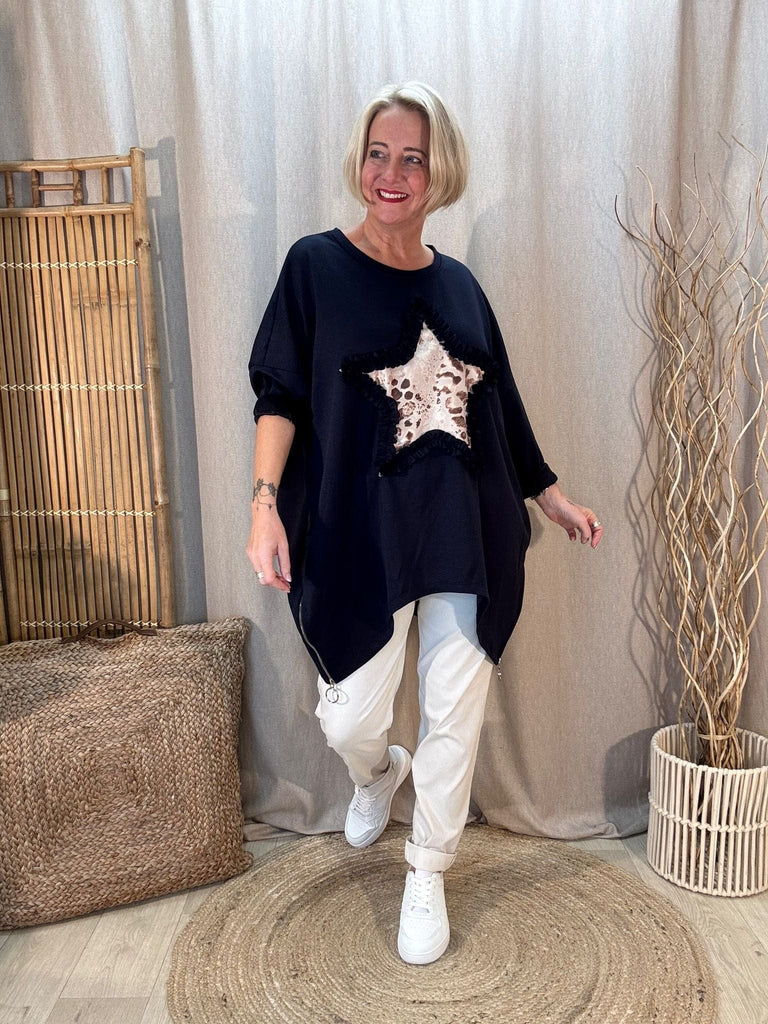 Leopard Star Zippy Oversized Sweatshirt Jumper Be You Lifestyle Boutique One Size / Navy