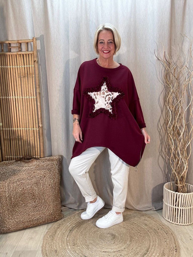 Leopard Star Zippy Oversized Sweatshirt Jumper Be You Lifestyle Boutique One Size / Burgundy