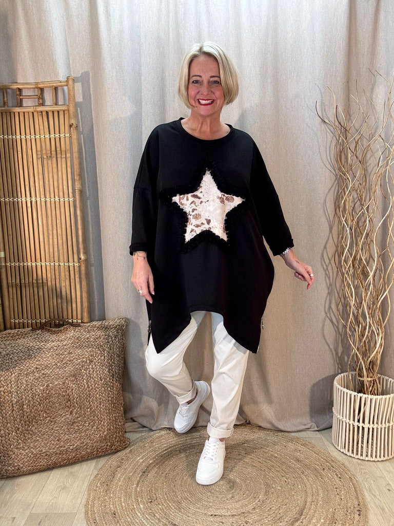 Leopard Star Zippy Oversized Sweatshirt Jumper Be You Lifestyle Boutique One Size / Black