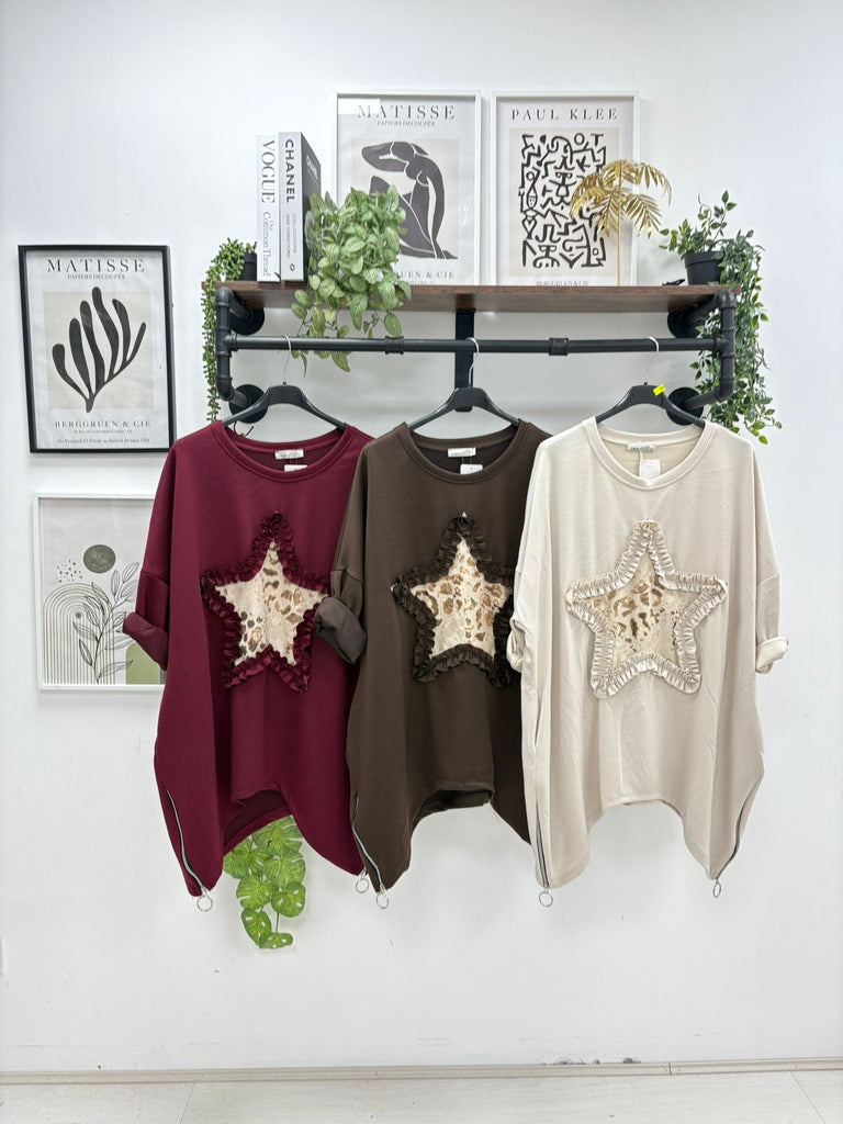 Leopard Star Zippy Oversized Sweatshirt Jumper Be You Lifestyle Boutique