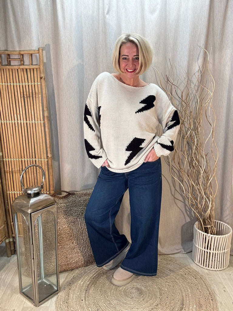 Lightning Bolt Knitted Jumper Be You Lifestyle Boutique One Size / Stone