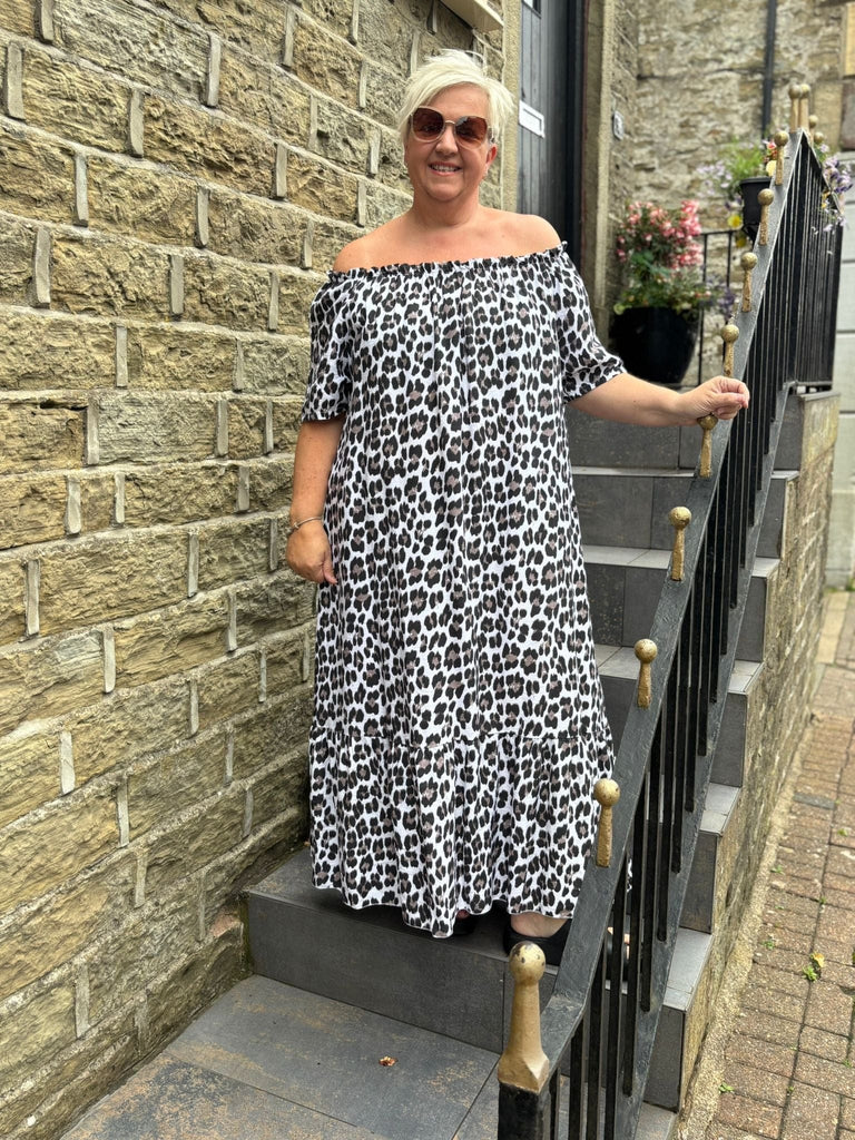 Maxi Dress Leopard Print Bardot Neckline Be You Lifestyle Boutique