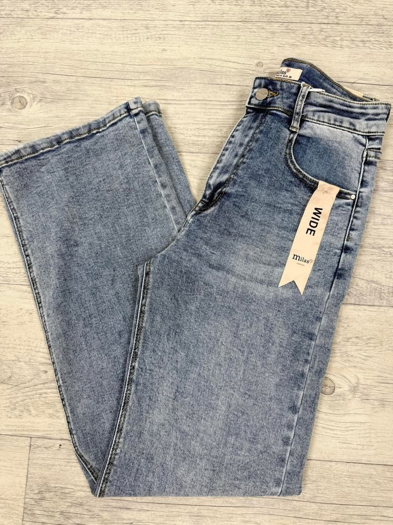 flat lay image of milas wide leg jeans in light denim