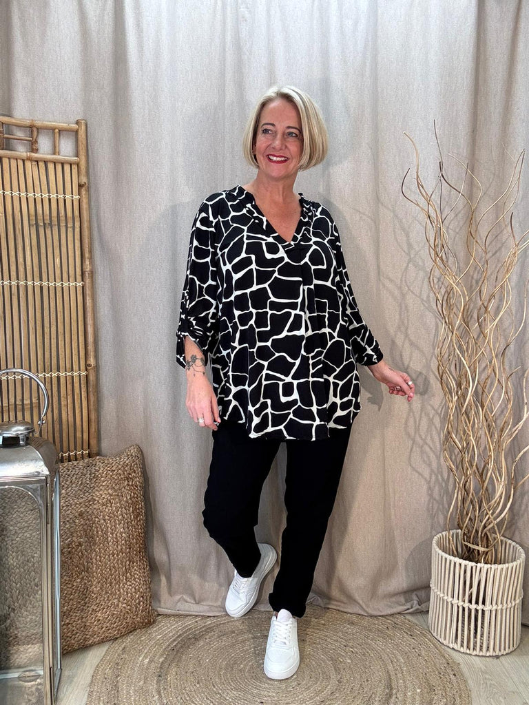 Monochrome Giraffe Print Button Sleeve Top Be You Lifestyle Boutique One Size