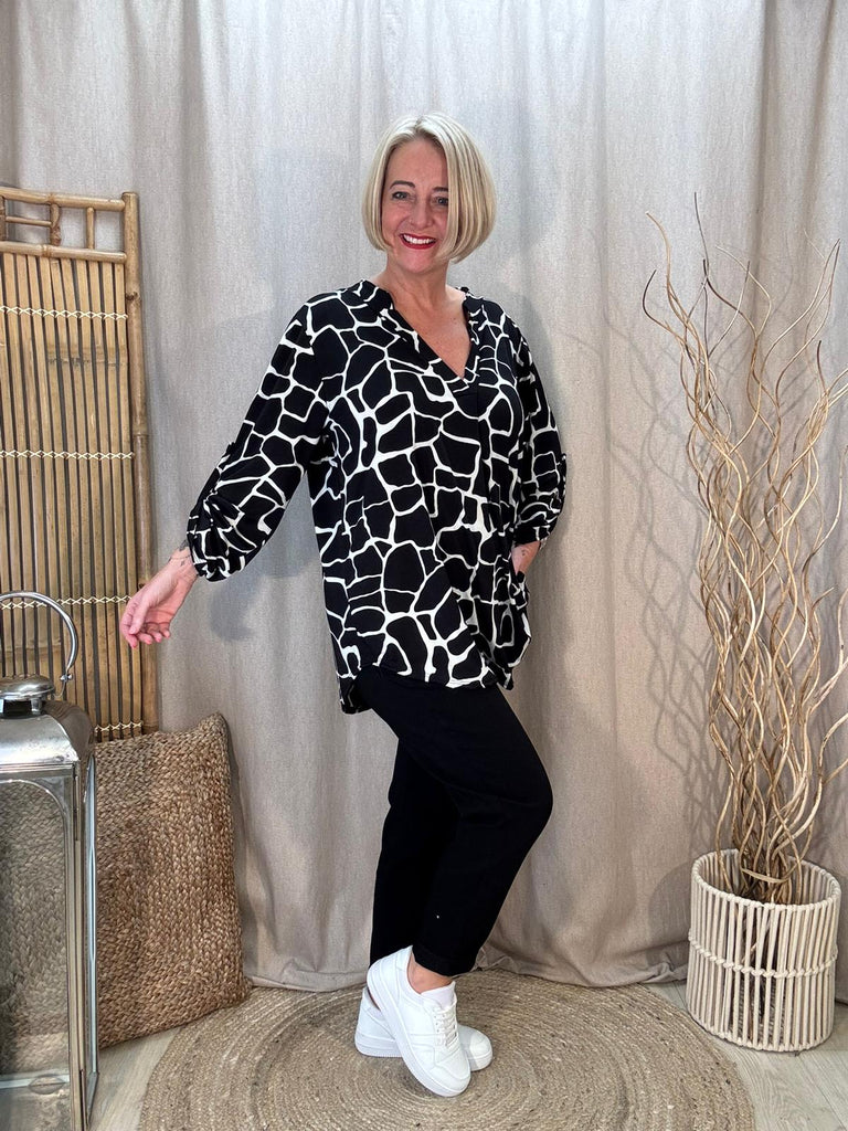Monochrome Giraffe Print Button Sleeve Top Be You Lifestyle Boutique One Size