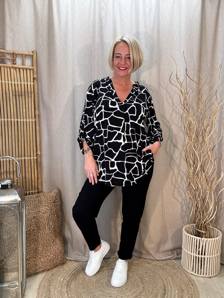 Monochrome Giraffe Print Button Sleeve Top Be You Lifestyle Boutique One Size