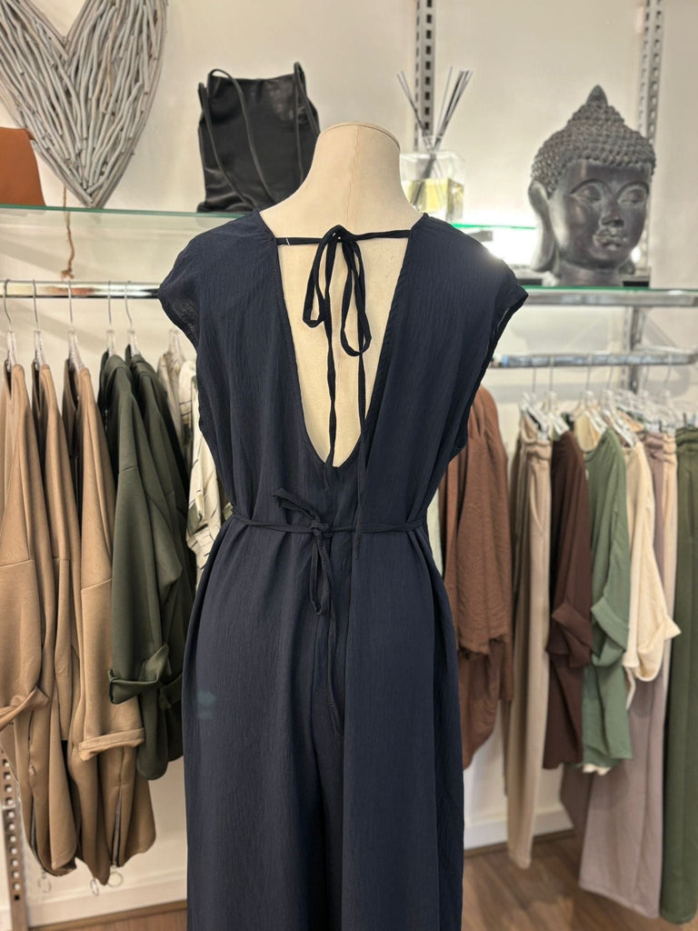 Navy Beaded Pearl Detail Tie Wide Leg Jumpsuit Be You Lifestyle Boutique One size / Navy