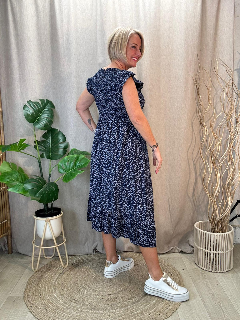 Navy Ditsy Floral Shirred Summer Dress Be You Lifestyle Boutique One Size