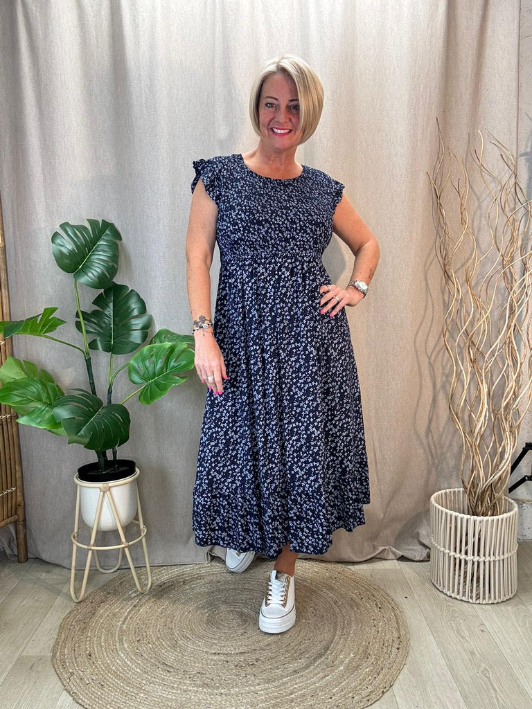 Navy Ditsy Floral Shirred Summer Dress Be You Lifestyle Boutique One Size