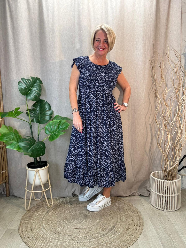 Navy Ditsy Floral Shirred Summer Dress Be You Lifestyle Boutique One Size